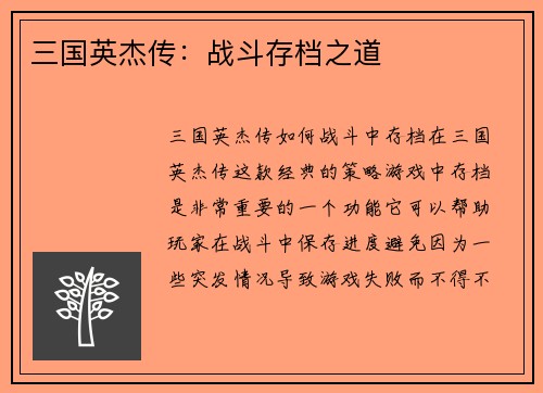 三国英杰传：战斗存档之道